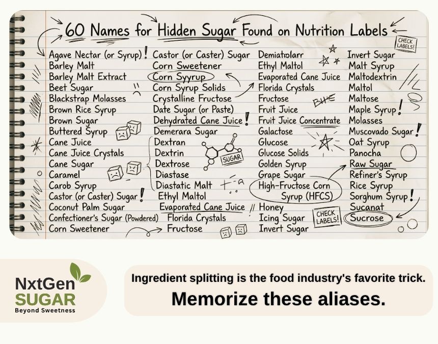 A comprehensive chart listing the 60 names for hidden sugar found on nutrition labels.