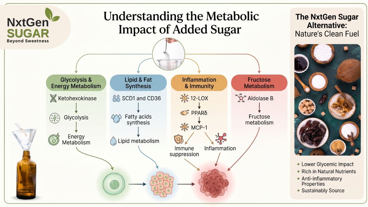 Diagram showing the metabolic link between sugar and cancer risk factors