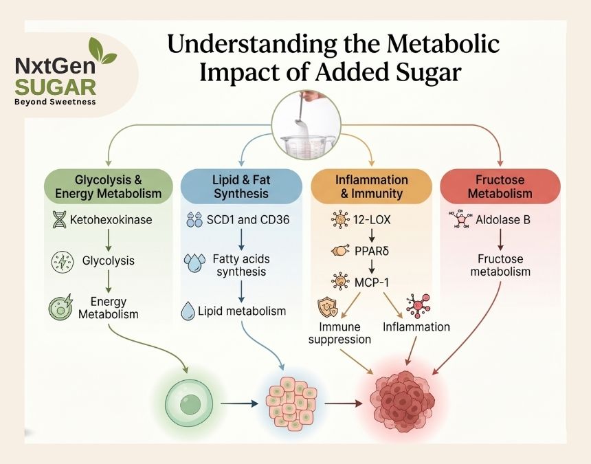 Diagram showing the metabolic link between sugar and cancer risk factors.