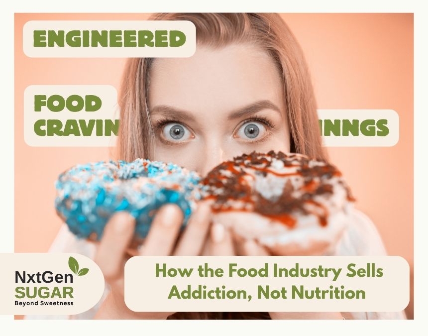 A visual representation of engineered food cravings showing the brain's dopamine response to sugar.