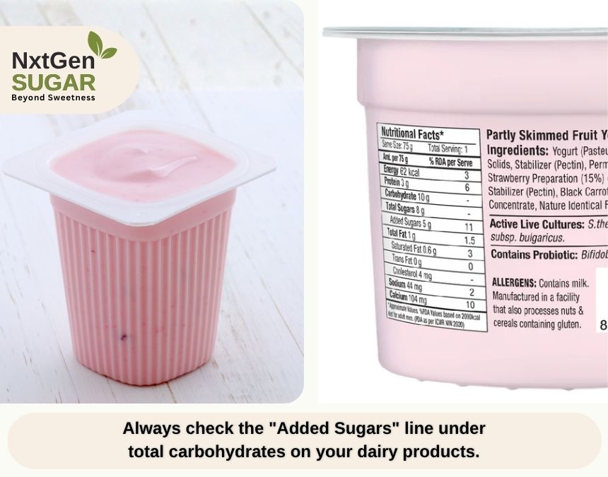 Close up of a nutrition label exposing the hidden sugars in everyday foods like strawberry yogurt.