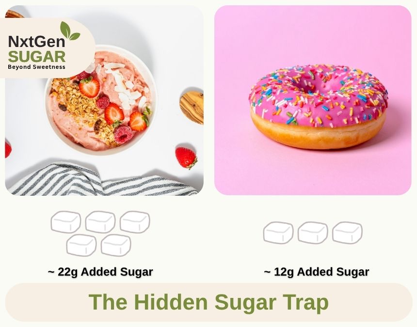 A visual comparison showing hidden sugars in everyday foods versus traditional bakery desserts.