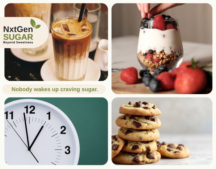 A visual clock representing modern sugar consumption habits from morning coffee to late-night snacks.