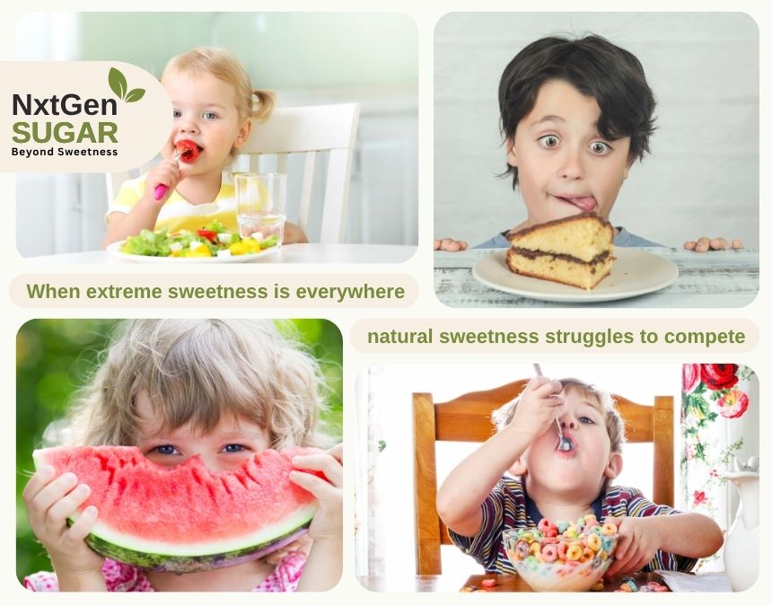 Childhood taste expectations : A side-by-side comparison of a child in 1990 enjoying a mango versus a child in 2026 expecting ultra-sweet snacks.