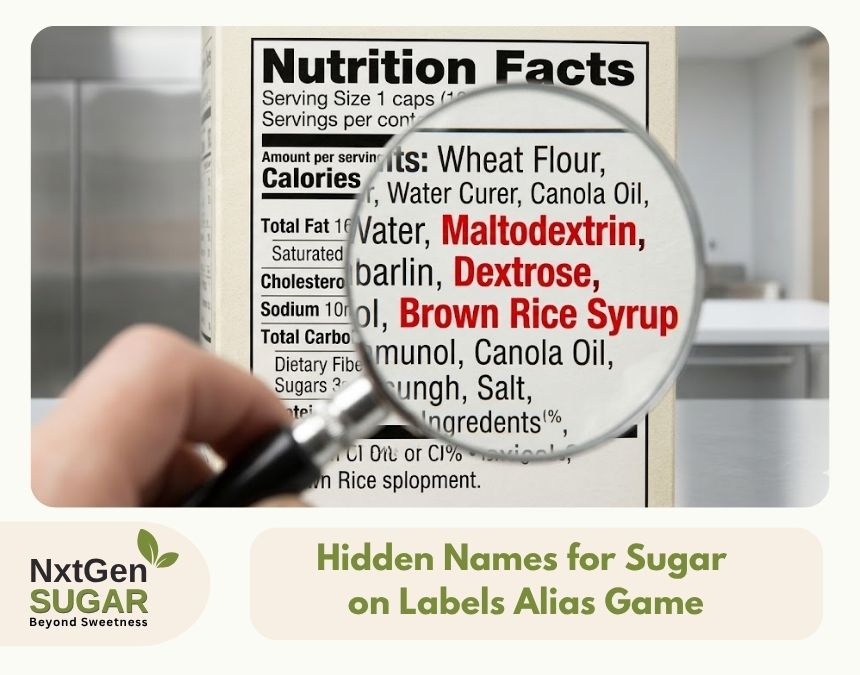 A magnifying glass exposing the hidden names for sugar on labels like maltodextrin and dextrose.