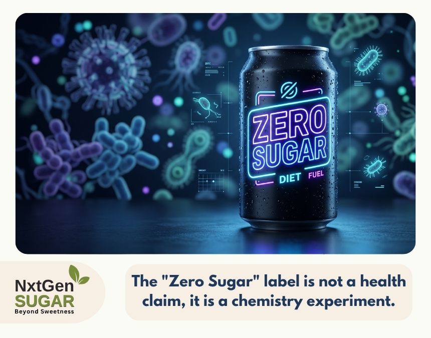 Artificial sweeteners and gut health : Infographic detailing microbiome disruption caused by sucralose and aspartame.