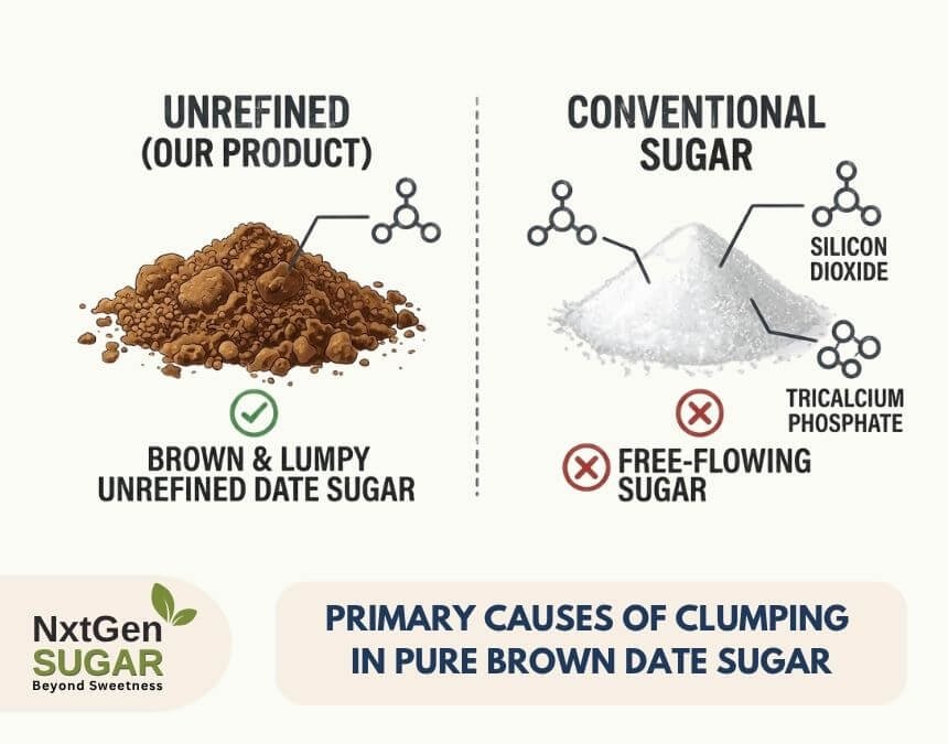 An informative infographic titled 'Primary Causes of Clumping in Pure Brown Date Sugar,' by NxtGen SUGAR | Beyond Sweetness. It contrasts the natural, lumpy appearance of unrefined date sugar against white, free-flowing sugar, detailing the added chemical anti-caking agents Silicon Dioxide and Tricalcium Phosphate in conventional products.