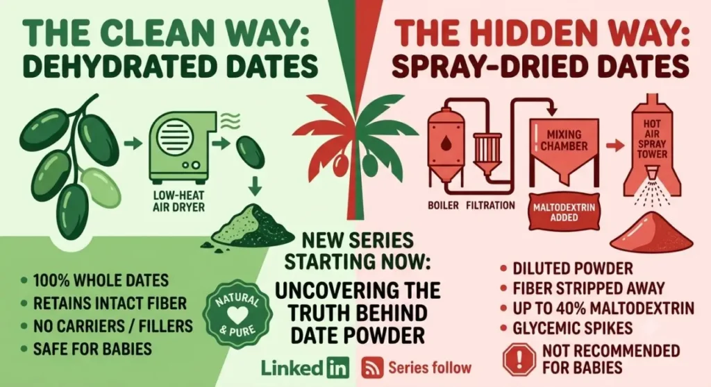 Dehydrated vs spray-dried date powder comparison showing natural processing versus maltodextrin additives.