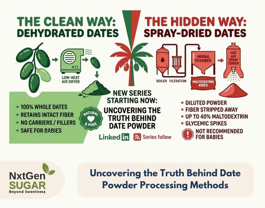 An infographic titled 'Uncovering the Truth Behind Date Powder.' It compares 'The Clean Way: Dehydrated Dates' using a low-heat air dryer to produce 100% whole dates with intact fiber, against 'The Hidden Way: Spray-Dried Dates' which uses boiler filtration and a mixing chamber to add maltodextrin before entering a hot air spray tower.