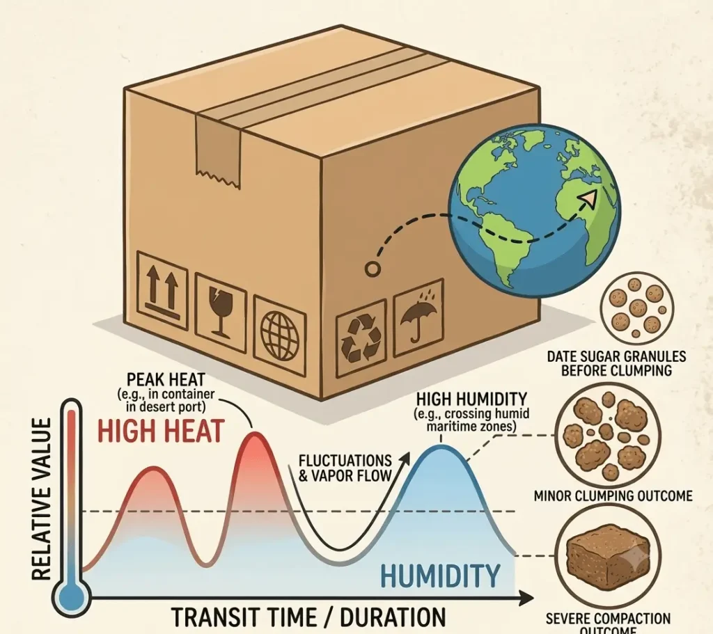 An infographic illustrating the journey of a date sugar shipping box across a globe. A dual-peak graph below maps fluctuations in relative value for 'High Heat' and 'Humidity' over 'Transit Time / Duration.' Side circular insets show the resulting stages: 'Date Sugar Granules Before Clumping,' 'Minor Clumping Outcome,' and 'Severe Compaction Outcome.'