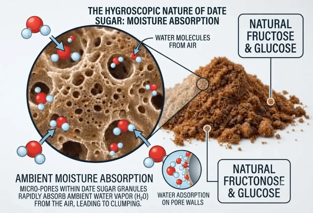 A scientific microscopic visualization titled 'The Hygroscopic Nature of Date Sugar: Moisture Absorption.' The central image is a cross-section of a date sugar granule with labeled internal micro-pores actively absorbing 'Water Molecules (H2O) From Air.' Magnified insets show 'Water Adsorption on Pore Walls' and identify 'Natural Fructose & Glucose,' explaining the mechanism of ambient moisture absorption leading to clumping.
