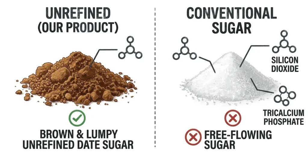 A comparison infographic contrasting 'Unrefined (Our Product)' brown and lumpy date sugar against white 'Conventional Sugar' that is free-flowing. Icons highlight molecular diagrams for added chemical flowing agents like Silicon Dioxide and Tricalcium Phosphate in the conventional sugar, while a green checkmark points to the natural, lumpy texture of pure date sugar.